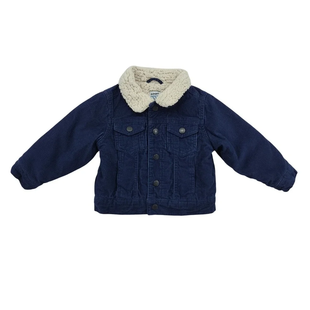Old Navy Toddler Boys Navy Blue Corduroy Sherpa Lined Trucker Jacket 2T Fall